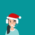 Happy female operator with headphones, microphone and santa hat on blue background