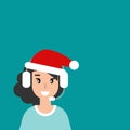 Happy female operator with headphones, microphone and santa hat on blue background