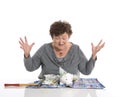 Happy female pensioner after smashing her piggy box. Money concept senior people. Royalty Free Stock Photo