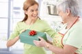 Happy female presenting mother with gift