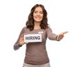 happy female shop assistant with hiring banner