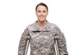Happy female soldier with crutches Royalty Free Stock Photo