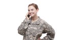 Happy female soldier talking on mobile phone Royalty Free Stock Photo