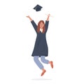 Happy female student joyfully jumping and holding diploma vector flat illustration. Smiling woman wearing robe and cap Royalty Free Stock Photo