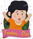 Happy Female Teacher over Confetti Shower in Teachers` Day, Vector Illustration