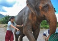 Happy female tourist bathing elephant by river Royalty Free Stock Photo