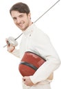 Happy fencer with rapier foil