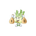 Happy fennel cartoon character with two money bags