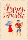 Happy Fiesta vertical card with dancing couple and lettering. Latina dance man and woman poster. Royalty Free Stock Photo