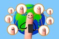 Happy finger using mobile phone with world map, Social network concept.
