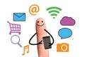 Happy finger using smart phone for online, isolated with clippi