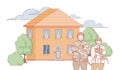 Firefighters holding a cat after extinguishing fire in country house vector cartoon outline illustration.