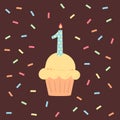 Happy First Birthday boy card with cupcake and candle on brown background in flat design style, vector illustration Royalty Free Stock Photo