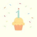 Happy First Birthday boy card with cupcake and candle in flat design style, vector illustration Royalty Free Stock Photo