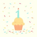 Happy First Birthday boy card with cupcake and candle in flat design style, vector illustration Royalty Free Stock Photo