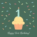 Happy First Birthday boy card with cupcake and candle on green background in flat design style, vector illustration Royalty Free Stock Photo