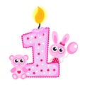 Happy First Birthday Candle and Animals on white. Pink card,