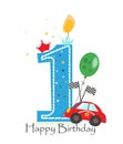 Happy first birthday candle. Baby boy greeting card with race car vector