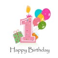 Happy first birthday card vector with ballons and