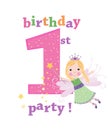 Happy first birthday colorful fairy tale vector. Happy birthday girl greeting card