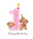 Happy first birthday with cute dogs baby girl greeting card Royalty Free Stock Photo