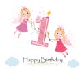 Happy first birthday with cute fairy tale greeting card vector