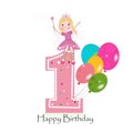 Happy first birthday greeting card with cute fairy tale Royalty Free Stock Photo