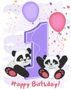 Happy First Birthday. Greeting Card With Pandas.