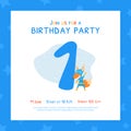 Happy First Birthday Invitation Card Template, Birthday Anniversary Number with Cute Fox Superhero Animal Cartoon Vector Royalty Free Stock Photo