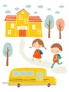 Happy first day of school card design. Kids going to school. Cute boy and girl with school building and school bus Royalty Free Stock Photo