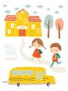 Happy first day of school card design. Kids going to school. Cute boy and girl with school building and school bus Royalty Free Stock Photo