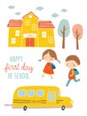 Happy first day of school card design. Kids going to school. Cute boy and girl with school building and school bus Royalty Free Stock Photo