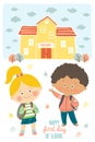 Happy first day of school card design. Kids going to school. Smiling boy and girl in school uniforms with backpacks in Royalty Free Stock Photo