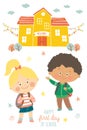 Happy first day of school card design. Kids going to school. Smiling boy and girl in school uniforms with backpacks in Royalty Free Stock Photo