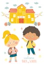 Happy first day of school card design. Kids going to school. Smiling boy and girl in school uniforms with backpacks in Royalty Free Stock Photo