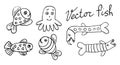 Happy fish vector set for coloring, sea animals hand drawn in a childish manner, cute characters Royalty Free Stock Photo