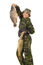 Happy fisher woman holding large fishes Royalty Free Stock Photo