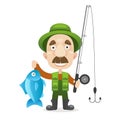 Happy fisherman character hold big fish.