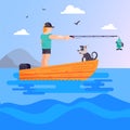 Happy fisherman with dog standing in boat on vector nature cartoon outdoor character hobby illustration. Man with Royalty Free Stock Photo