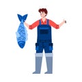 Happy fisherman hold big catch fish in hand a vector isolated illustration.