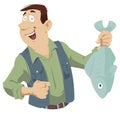 Happy fisherman. Man brags about fish he has caught. Illustration for internet and mobile website