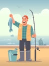 Happy fisherman stands against the backdrop of the sea and holds a fish that he has caught with a bait Royalty Free Stock Photo