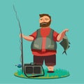 Happy fisherman stands and holds in hand fishing rod with spinning and fish catch, bag with fishman spin and equipment