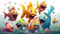 Happy Fishes at an Underwater Party. Generative ai