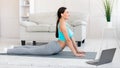 Happy Fitness Girl Exercising At Home Using Laptop, Panorama Royalty Free Stock Photo