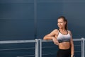 Fitness sporty woman running early in the morning city at sunrise. Healthy lifestyle concept Royalty Free Stock Photo