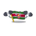 Happy flag suriname with the cartoon with bring barbell