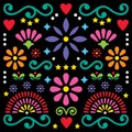 Mexican folk art vector pattern, colorful design with flowers greeting card inspired by traditional designs from Mexico