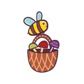 Happy flying bee carries a basket with mushrooms. Funny character for kids design