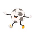 Happy football ball groovy character. Soccer retro mascot. Cartoon sport equipment isolated on white background. Championship game Royalty Free Stock Photo